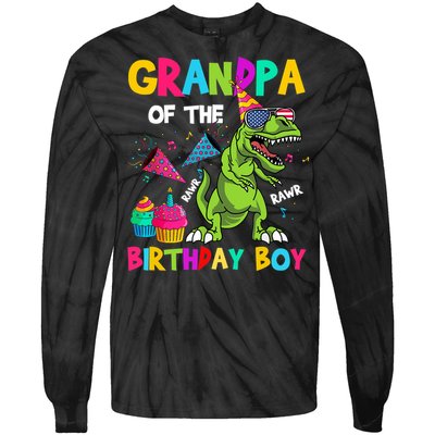 Grandpa Of The Birthday Boy T-Rex Dinosaur Birthday Tie-Dye Long Sleeve Shirt