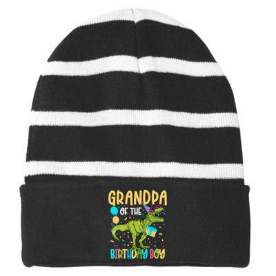 Grandpa Of The Birthday Boy Family Matching Dinosaur Squad Striped Beanie with Solid Band