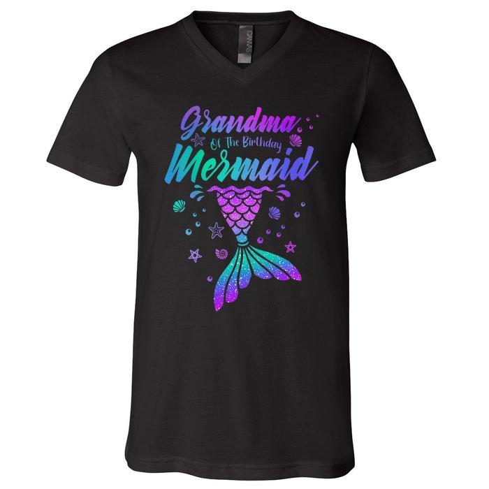 Grandma Of The Birthday Mermaid Family Matching Birthday V-Neck T-Shirt