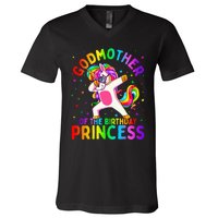 Godmother of the Birthday Princess Dabbing Unicorn V-Neck T-Shirt