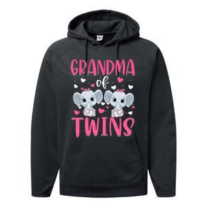 Grandma Of Twins Gender Reveal Elephant Baby Girls Shower Performance Fleece Hoodie