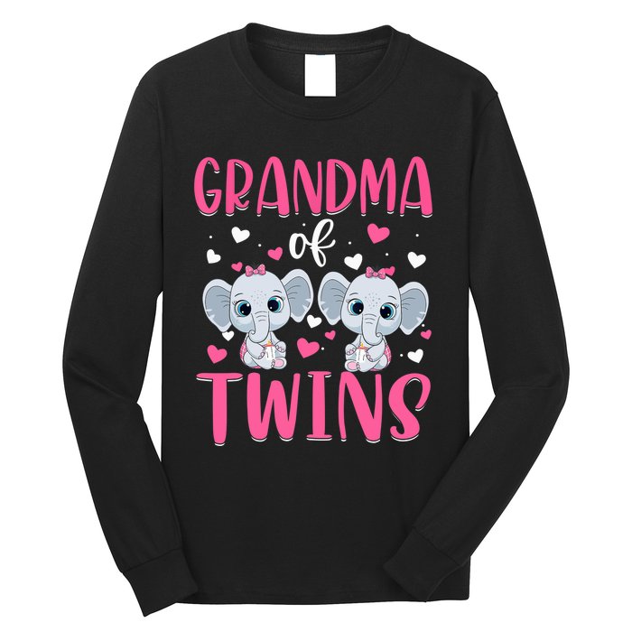 Grandma Of Twins Gender Reveal Elephant Baby Girls Shower Long Sleeve Shirt