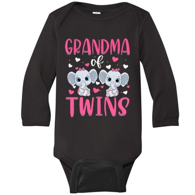 Grandma Of Twins Gender Reveal Elephant Baby Girls Shower Baby Long Sleeve Bodysuit