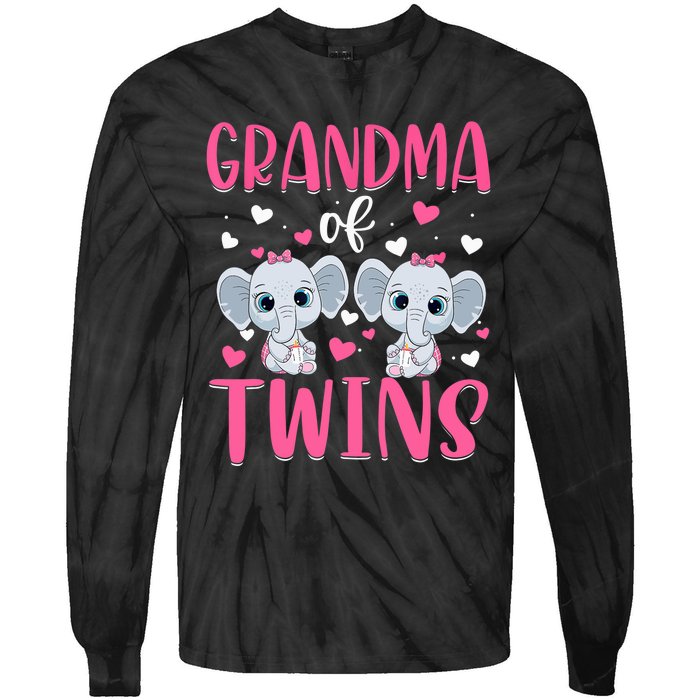 Grandma Of Twins Gender Reveal Elephant Baby Girls Shower Tie-Dye Long Sleeve Shirt