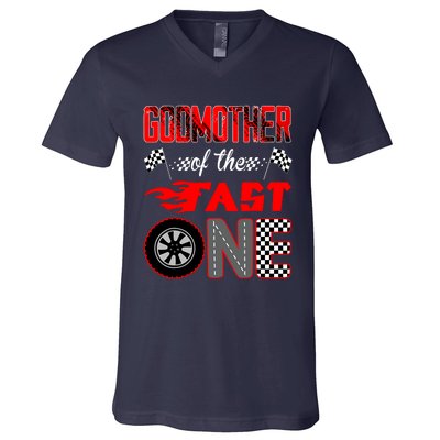 Godmother Of The Fast One First Birthday Racing Car Family V-Neck T-Shirt