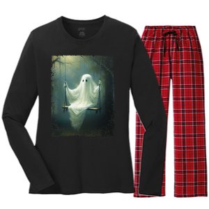 Ghost On The Swing Spooky Gothic Dark Academia Halloween Women's Long Sleeve Flannel Pajama Set 