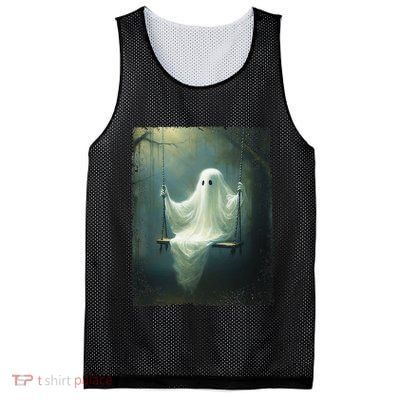 Ghost On The Swing Spooky Gothic Dark Academia Halloween Mesh Reversible Basketball Jersey Tank