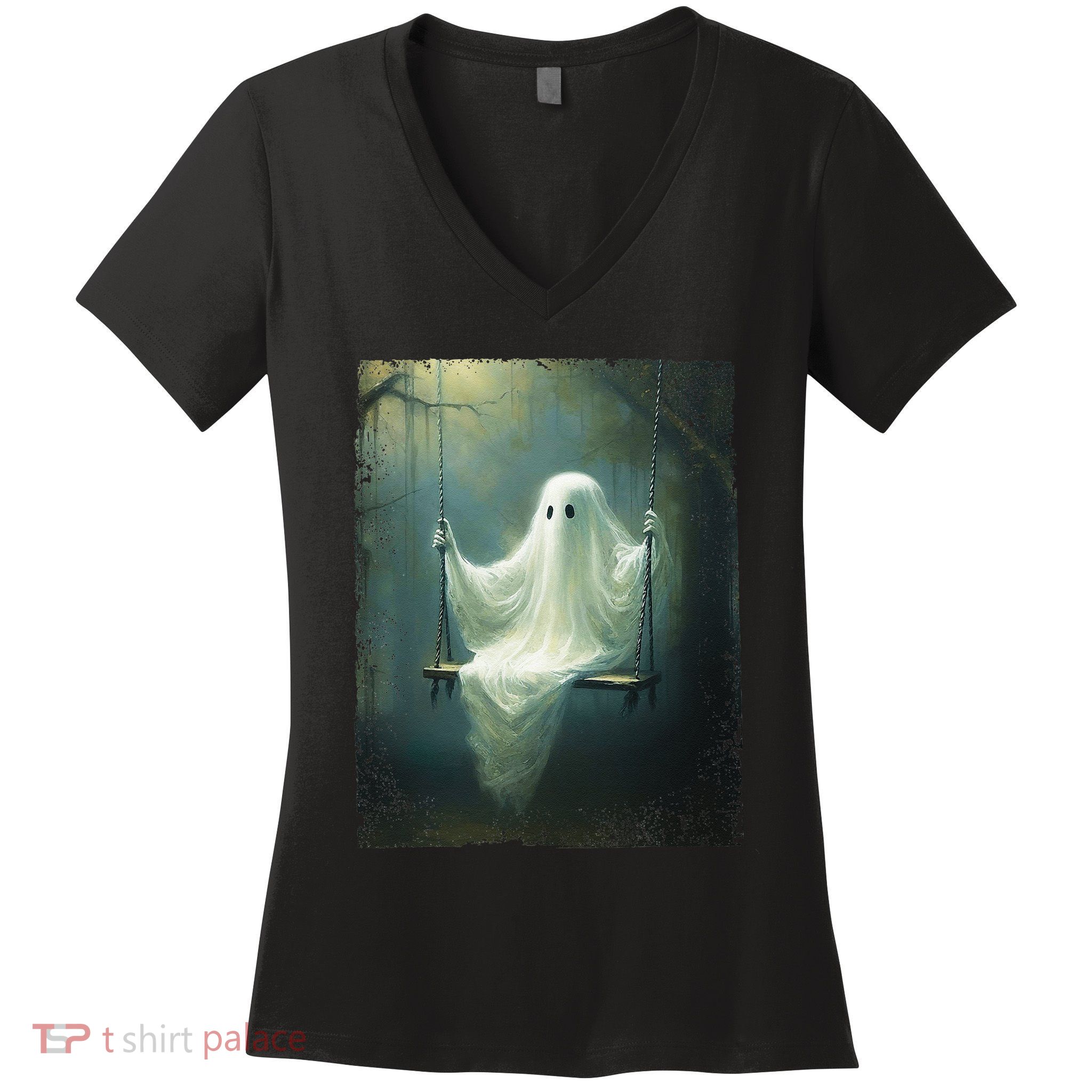 Ghost On The Swing Spooky Gothic Dark Academia Halloween Women's V-Neck T-Shirt