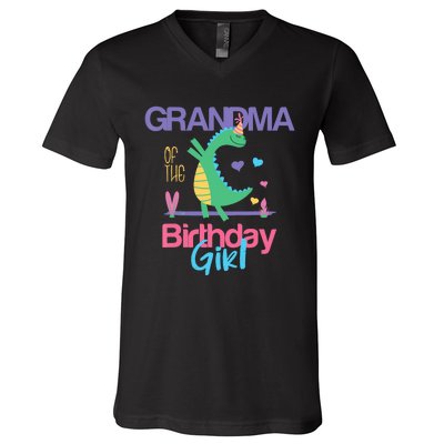 Grandma Of The Birthday Girl Dinosaur Theme Matching Family V-Neck T-Shirt