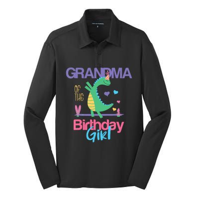 Grandma Of The Birthday Girl Dinosaur Theme Matching Family Silk Touch Performance Long Sleeve Polo