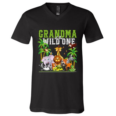 Grandma Of The Wild One Zoo Birthday Safari Jungle Animal V-Neck T-Shirt