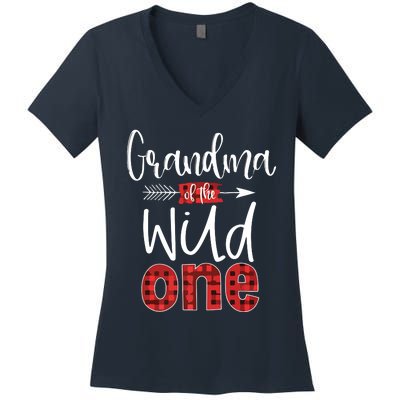 Grandma Of The Wild One Buffalo Plaid Lumberjack 1 Birthday Premium Women's V-Neck T-Shirt