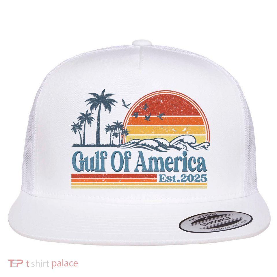 Gulf Of Us America Est 2025 Retro Vintage Beach Flat Bill Trucker Hat