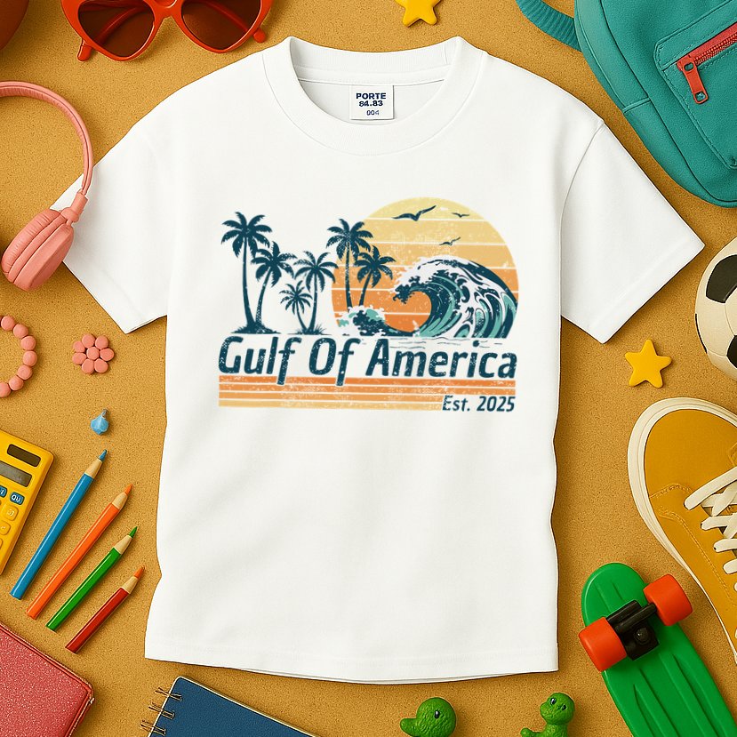 Gulf Of Us America Est 2025 Retro Vintage Beach Kids T-Shirt