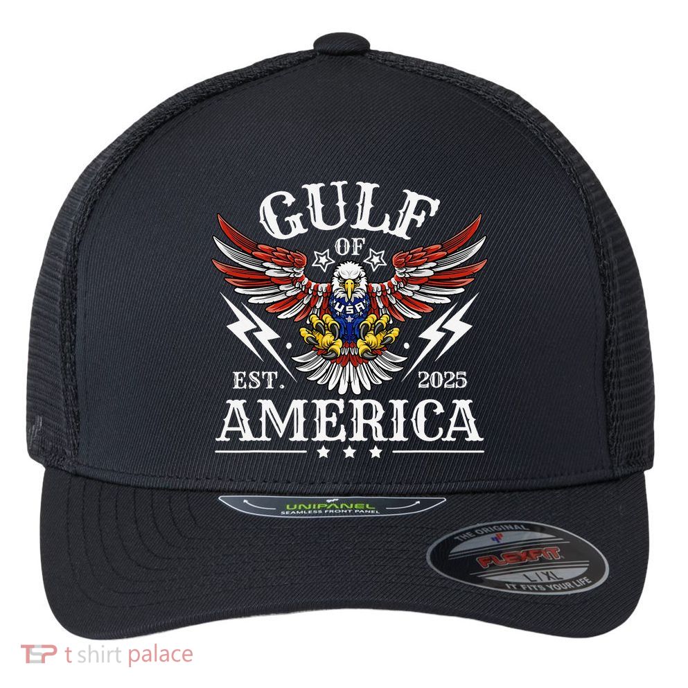 Gulf Of USA America Est 2025 American Flag Eagle 4th Of Flexfit Unipanel Trucker Cap