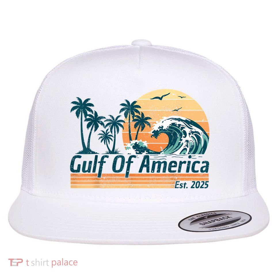 Gulf Of Us America Est 2025 Retro Vintage Beach Flat Bill Trucker Hat
