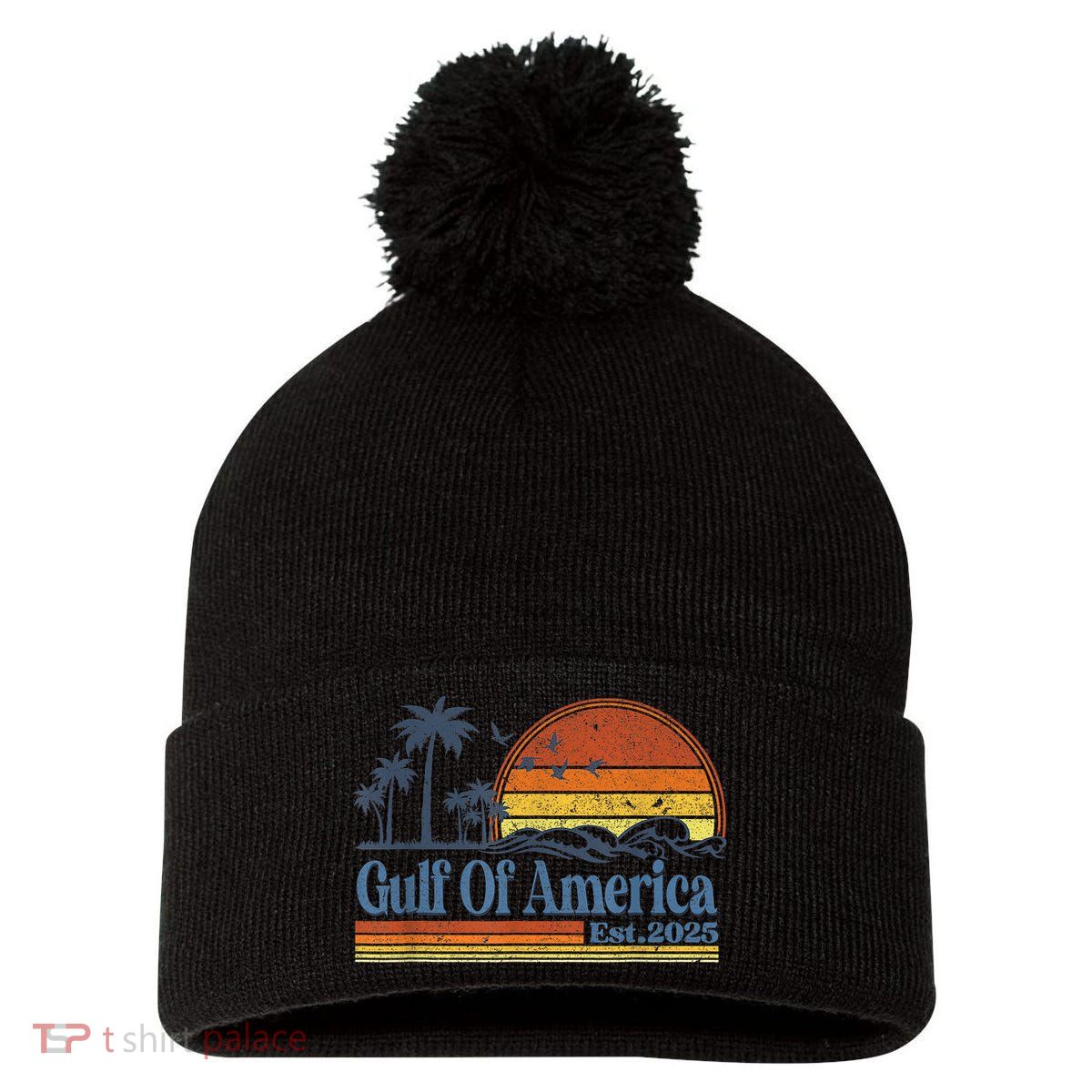 Gulf Of Us America Est 2025 Retro Vintage Beach Sunset Pom Pom 12in Knit Beanie