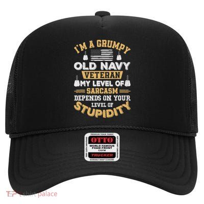 Grumpy Old Veteran Patriotic Funny Military Veteran Usa High Crown Mesh Back Trucker Hat