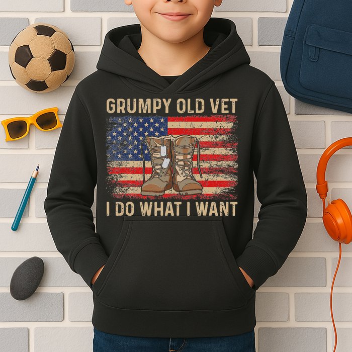 Grumpy Old Vet I Do What I Want Funny Military Veteran Kids Hoodie