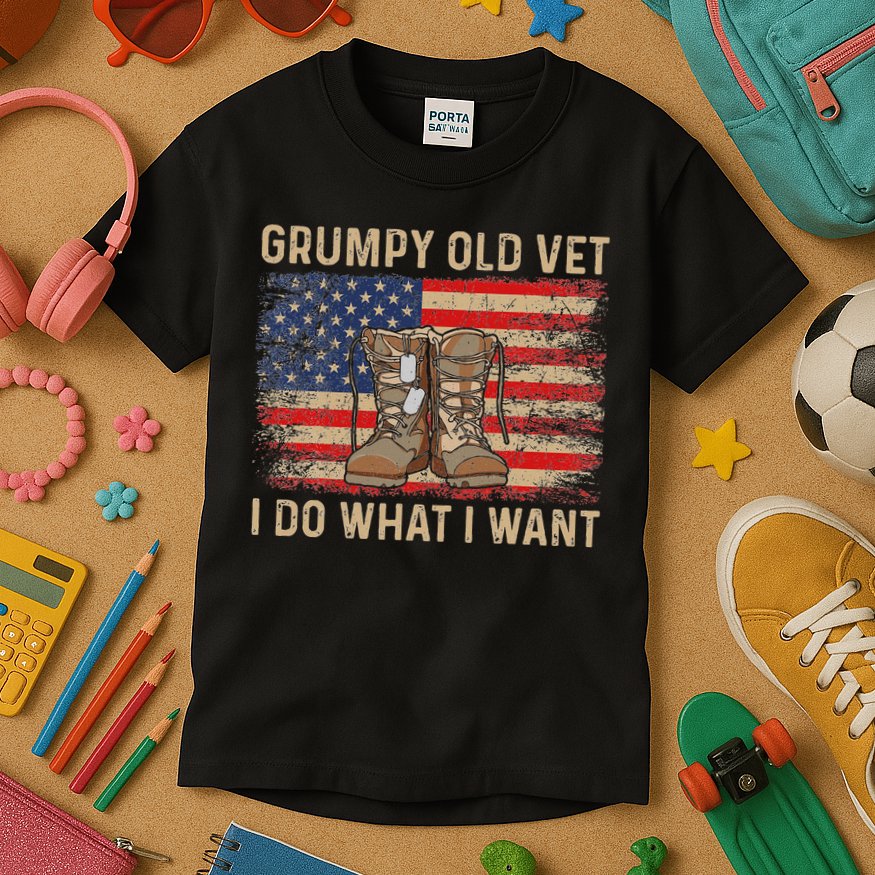 Grumpy Old Vet I Do What I Want Funny Military Veteran Kids T-Shirt