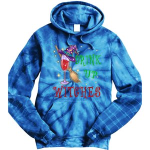 Glass Of Wine Up Witches Funny Ing Wine Halloween Gift Tie Dye Hoodie