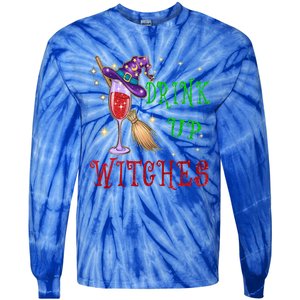 Glass Of Wine Up Witches Funny Ing Wine Halloween Gift Tie-Dye Long Sleeve Shirt