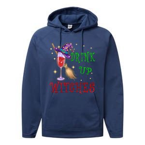 Glass Of Wine Up Witches Funny Ing Wine Halloween Gift Performance Fleece Hoodie