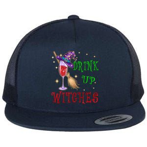 Glass Of Wine Up Witches Funny Ing Wine Halloween Gift Flat Bill Trucker Hat