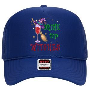 Glass Of Wine Up Witches Funny Ing Wine Halloween Gift High Crown Mesh Back Trucker Hat