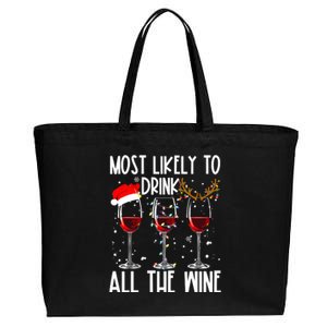 Glasses Of Wine Xmas Most Likely To Drink All The Wine Cotton Canvas Jumbo Tote