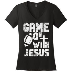 Game On With Jesus Football Field Football Christian Bible Women's V-Neck T-Shirt