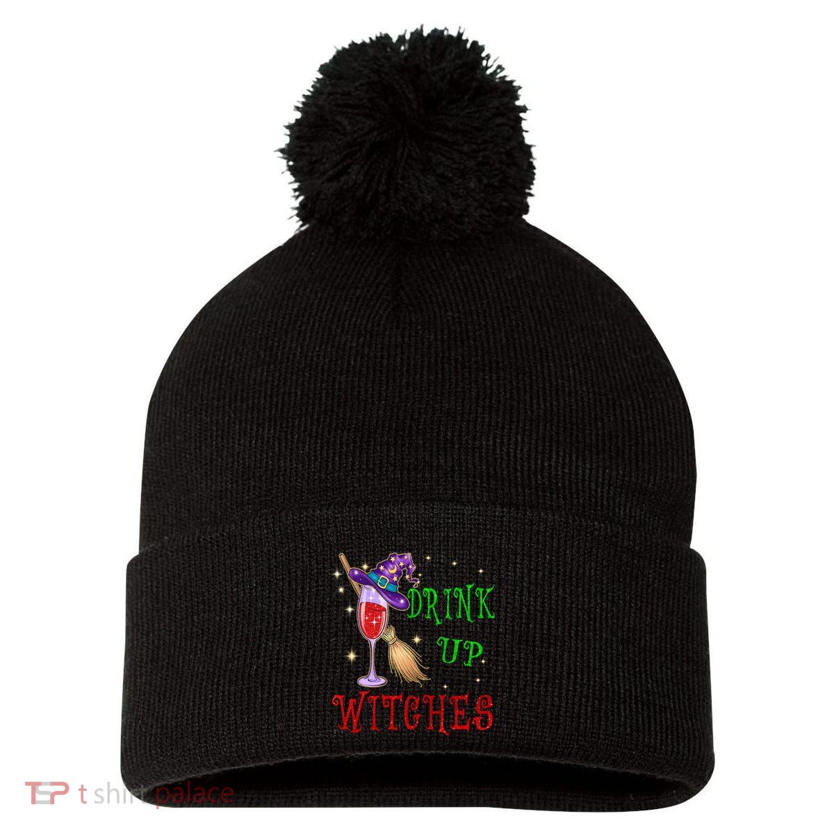 Glass Of Wine Drink Up Witches Funny Drinking Wine Halloween Pom Pom 12in Knit Beanie