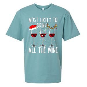 Glasses Of Wine Xmas Most Likely To Drink All The Wine Sueded Cloud Jersey T-Shirt