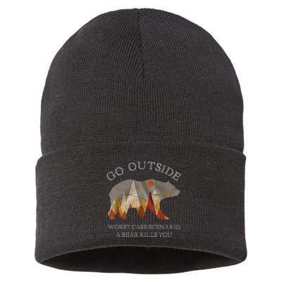 Go Outside Worst Case Scenario A Bear Kills You Camping Sustainable Knit Beanie