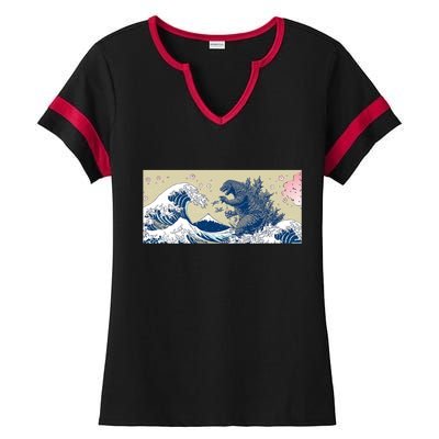 Monster VS the Great Wave Of Kanagaw Ladies Halftime Notch Neck Tee