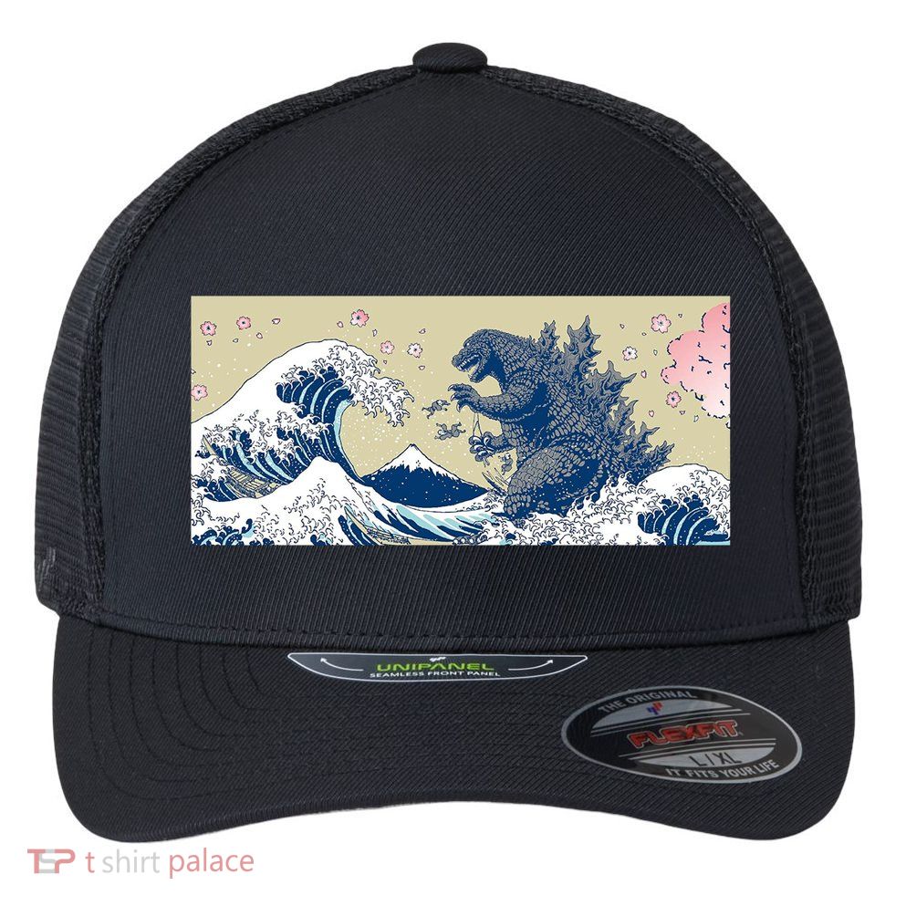 Monster VS the Great Wave Of Kanagaw Flexfit Unipanel Trucker Cap