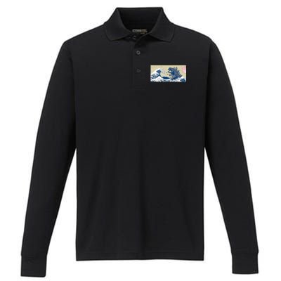 Monster VS the Great Wave Of Kanagaw Performance Long Sleeve Polo