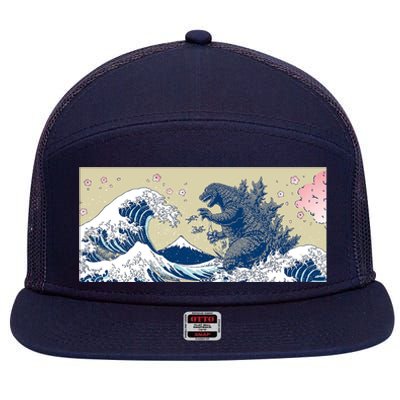 Monster VS the Great Wave Of Kanagaw 7 Panel Mesh Trucker Snapback Hat