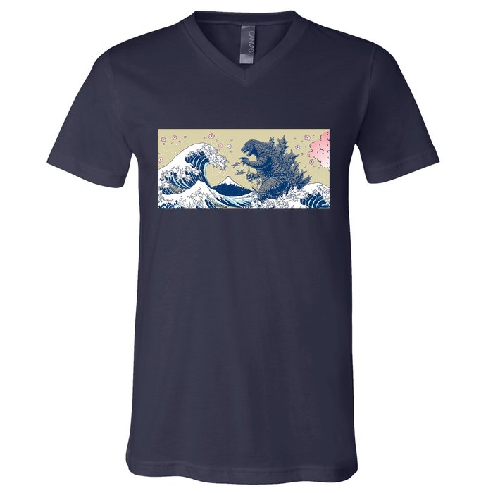 Monster VS the Great Wave Of Kanagaw V-Neck T-Shirt