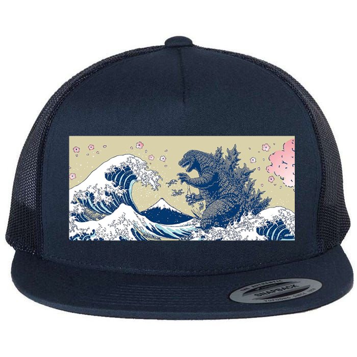 Monster VS the Great Wave Of Kanagaw Flat Bill Trucker Hat