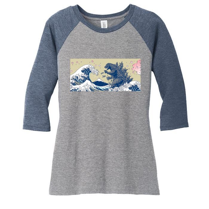 Monster VS the Great Wave Of Kanagaw Women's Tri-Blend 3/4-Sleeve Raglan Shirt