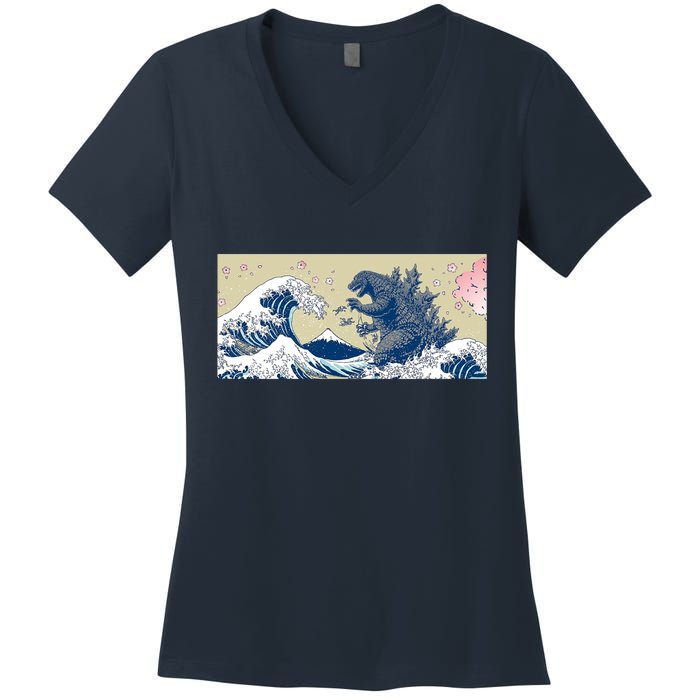 Monster VS the Great Wave Of Kanagaw Women's V-Neck T-Shirt