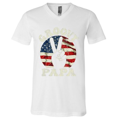 Groovy Papa 70s Aesthetic USA Flag Groovy Dad V-Neck T-Shirt