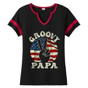 Groovy Papa 70s Aesthetic USA Flag Groovy Dad Ladies Halftime Notch Neck Tee