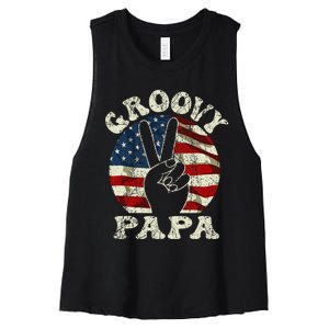 Groovy Papa 70s Aesthetic USA Flag Groovy Dad Women's Racerback Cropped Tank