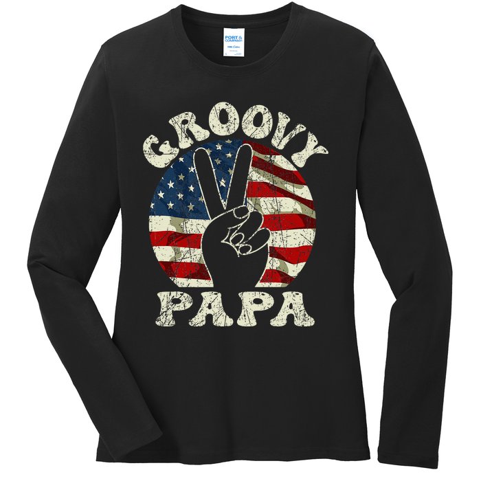 Groovy Papa 70s Aesthetic USA Flag Groovy Dad Ladies Long Sleeve Shirt