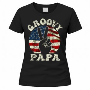 Groovy Papa 70s Aesthetic USA Flag Groovy Dad Women's T-Shirt