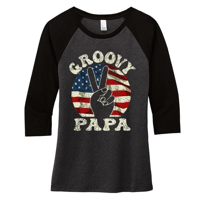 Groovy Papa 70s Aesthetic USA Flag Groovy Dad Women's Tri-Blend 3/4-Sleeve Raglan Shirt