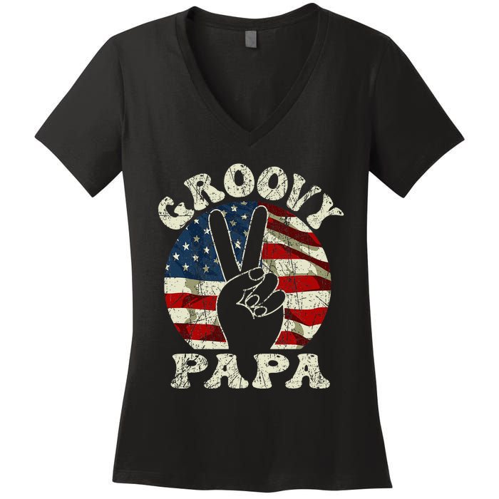 Groovy Papa 70s Aesthetic USA Flag Groovy Dad Women's V-Neck T-Shirt