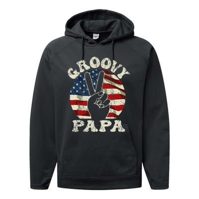 Groovy Papa 70s Aesthetic USA Flag Groovy Dad Performance Fleece Hoodie